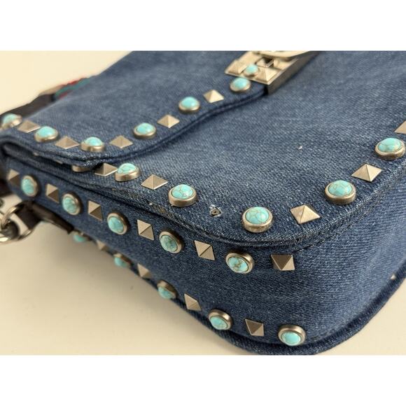 Valentino Rolling Rockstud Denim and Leather Shoulder Bag with Multicolor Strap - Picture 11 of 16